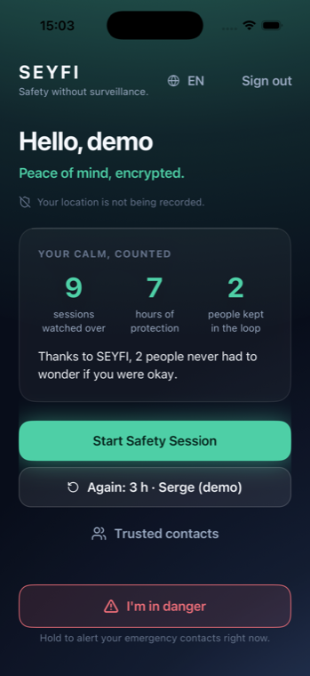 SEYFI home screen with the calm-counted impact card